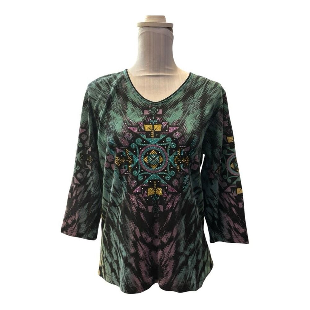Embellished Teal Patterned Women's Blouse